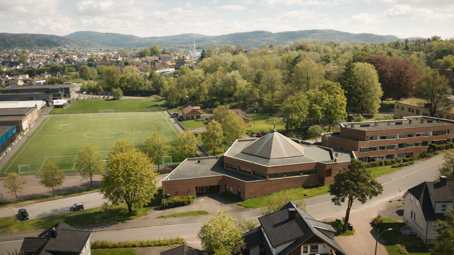 Dronebilde av Evangeliehuset i Porsgrunn